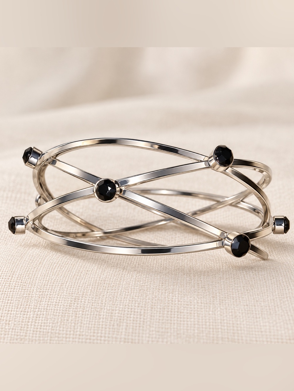 Silver-Tone Black Crystal Multi-Band Cuff Bracelet